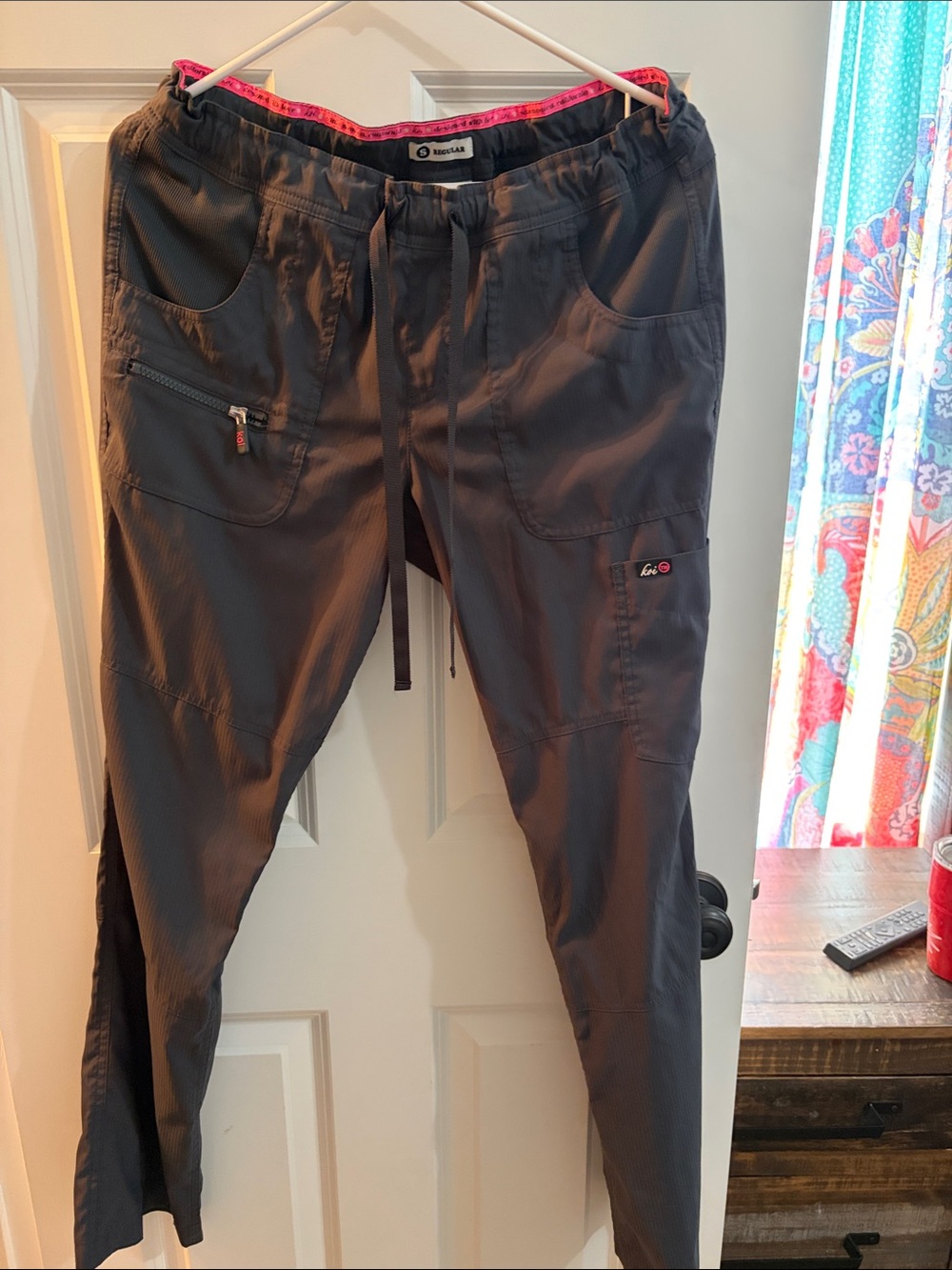 koi Women's Boot Cut Scrub Pants in Charcoal with Pink Waistband